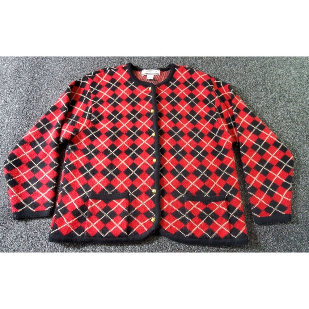 Vtg Crystal-Kobe Cardigan Women XL Red Black Argyle Gold Buttons Retro Academia